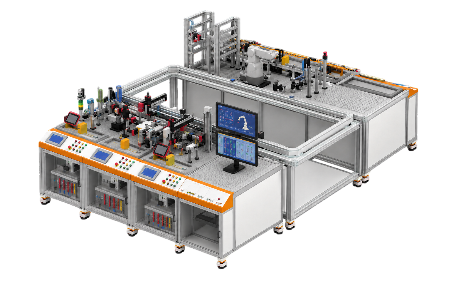 Fully electric actuator-driven 8 station automation training set, with Electromagnetic propulsion-based workpiece transfer